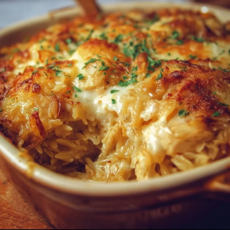Delicious French Onion Chicken Orzo Casserole served in a baking dish