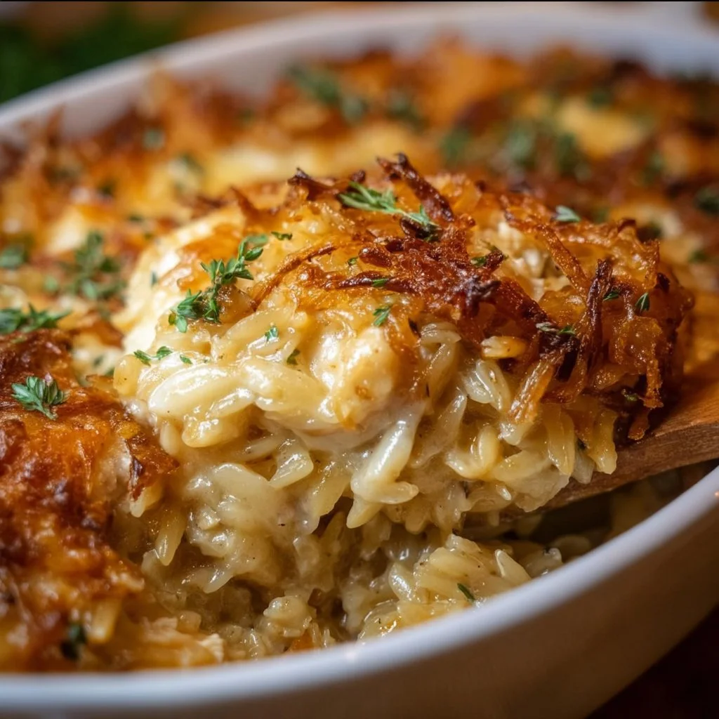French onion chicken orzo casserole topped with melted cheese on a baking dish