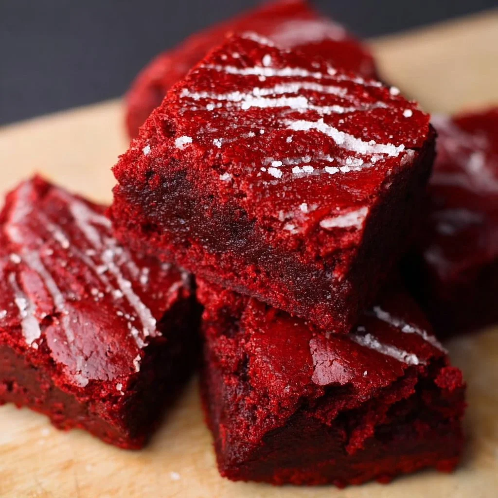 Deliciously fudgy red velvet brownies on a plate, perfect for dessert lovers.