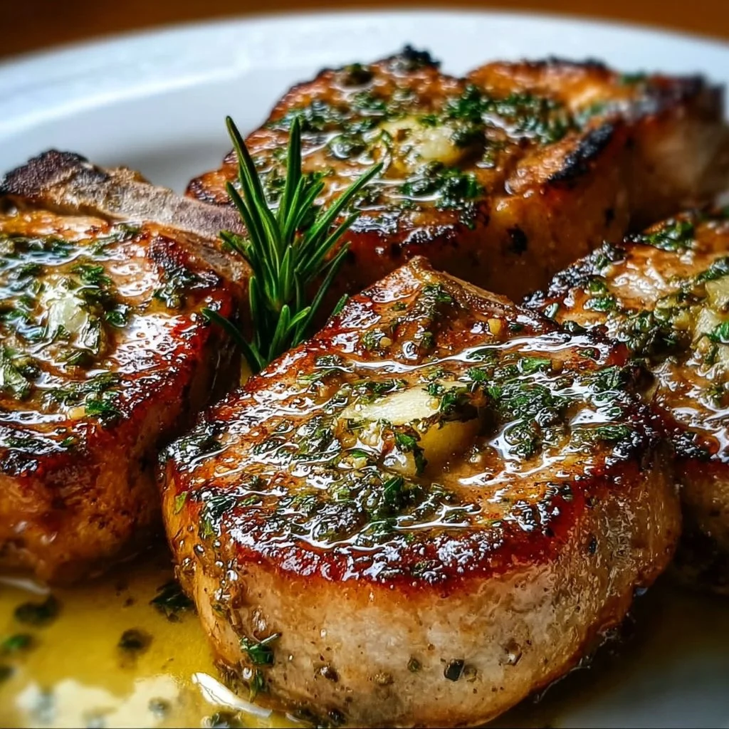 Delicious garlic butter pan-seared pork chops on a plate