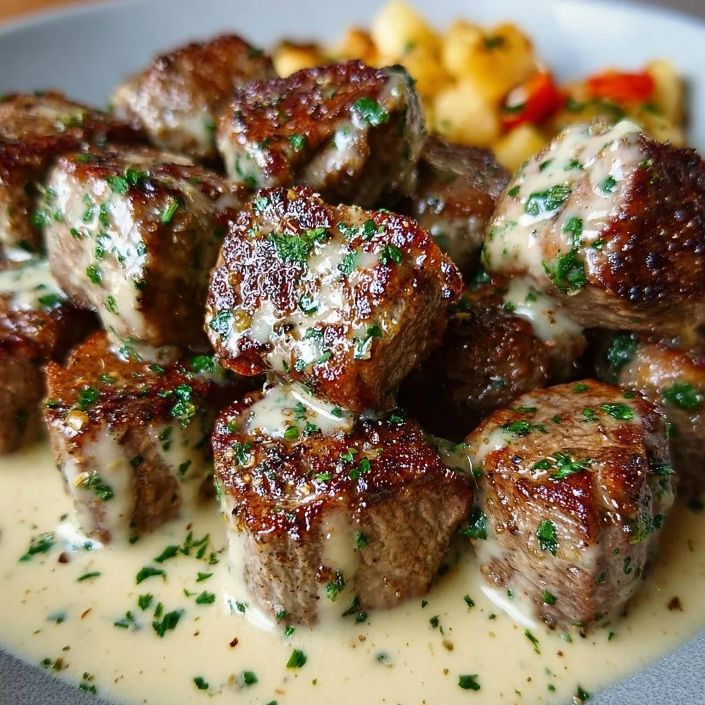 Garlic butter steak bites topped with rich Parmesan cream sauce
