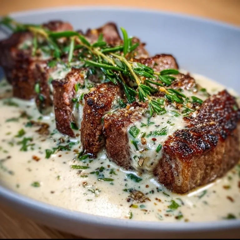 Garlic Butter Steak topped with creamy Parmesan sauce on a white plate
