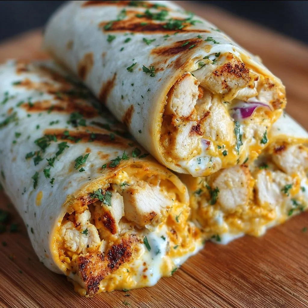 Delicious garlic chicken wraps served with fresh vegetables in a tortilla