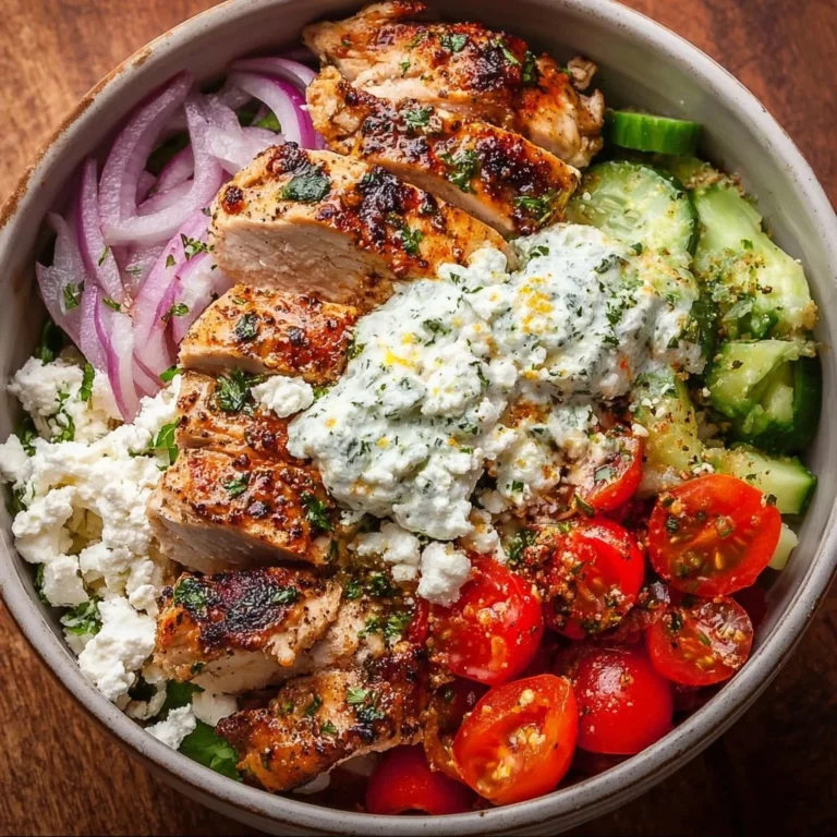 A delicious Greek Chicken Bowl topped with fresh vegetables and feta cheese