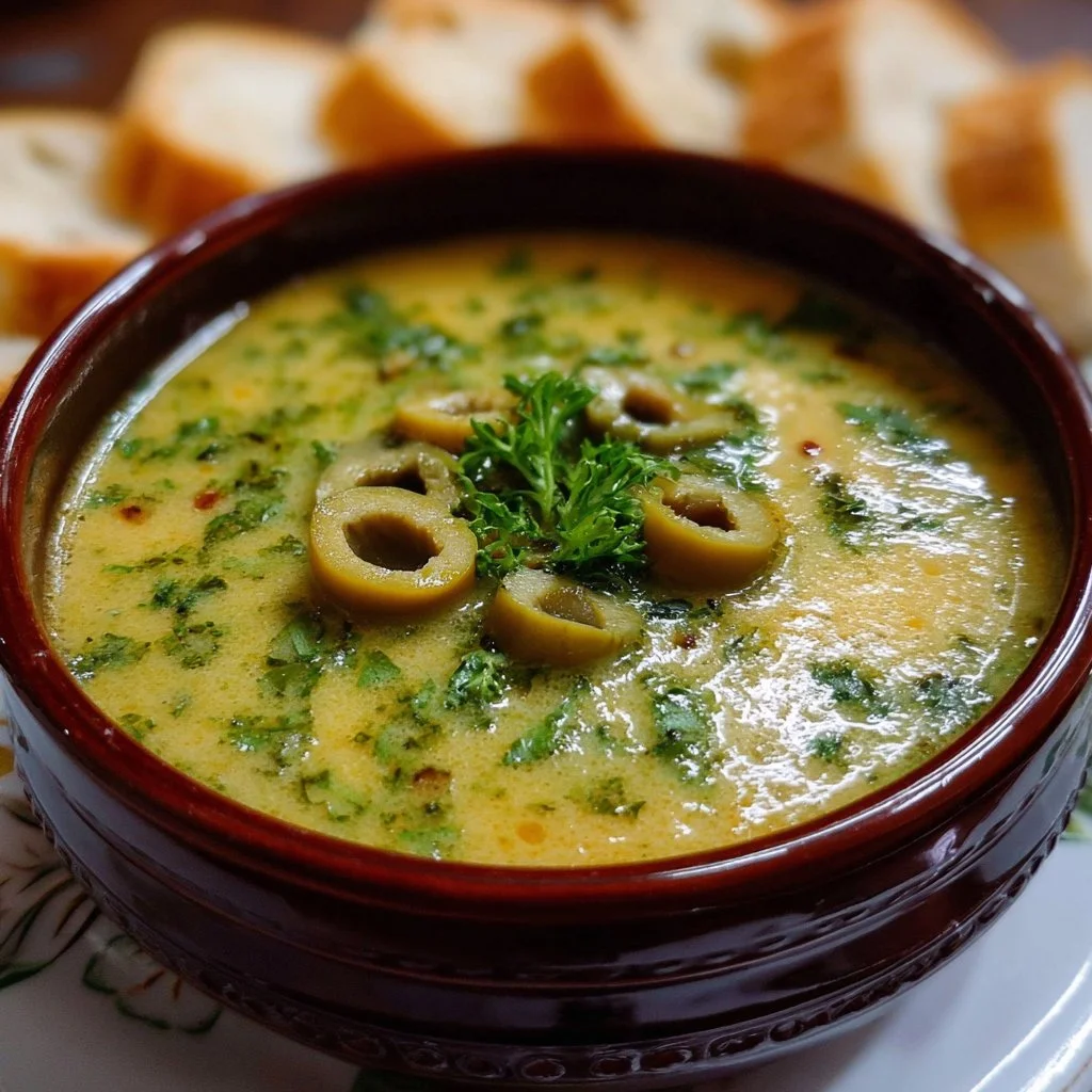 Bowl of fresh Green Olive Soup garnished with herbs and olive slices.