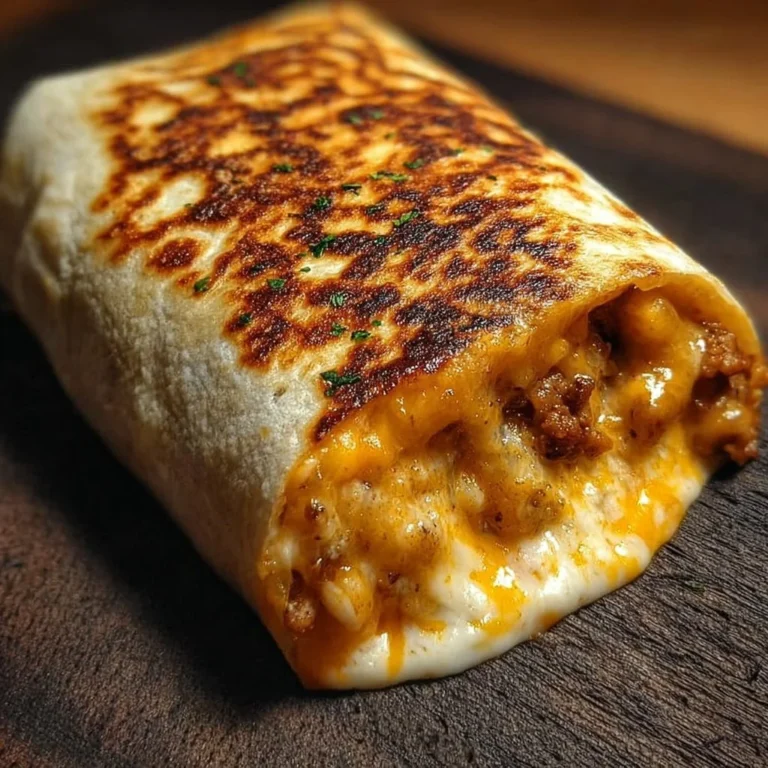 Delicious grilled cheese burrito topped with melted cheese and crispy edges.