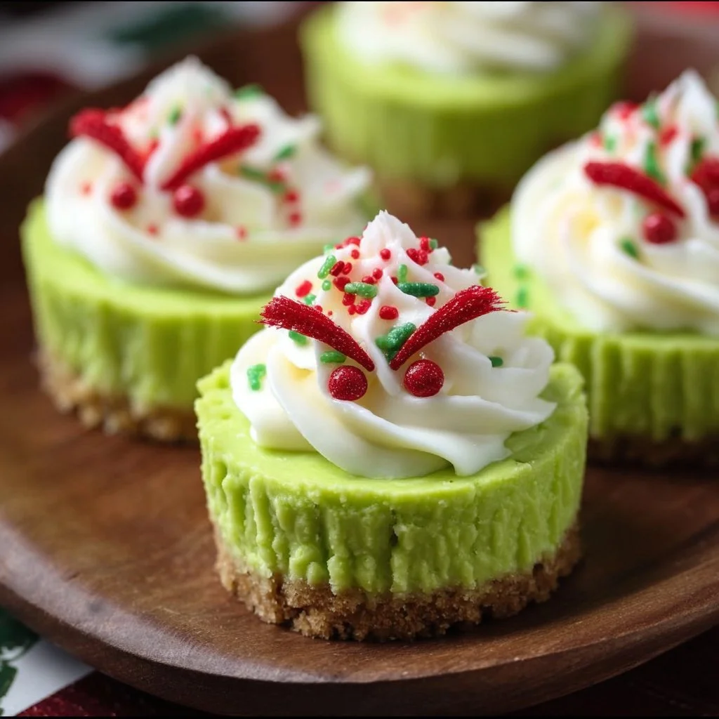 Festive Grinch Mini Cheesecakes topped with green cream and cherry decorations