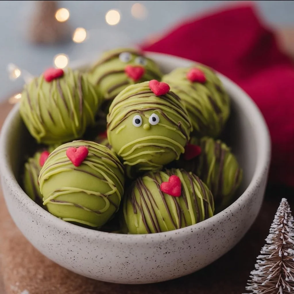 Festive Grinch Oreo Truffles decorated for the holidays
