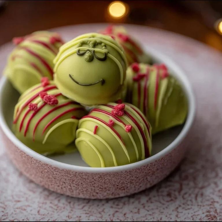 Festive Grinch Oreo Truffles decorated with green and red sprinkles