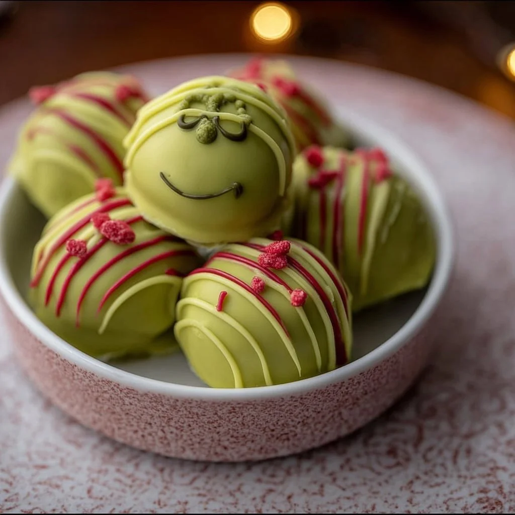 Festive Grinch Oreo Truffles decorated with green and red sprinkles