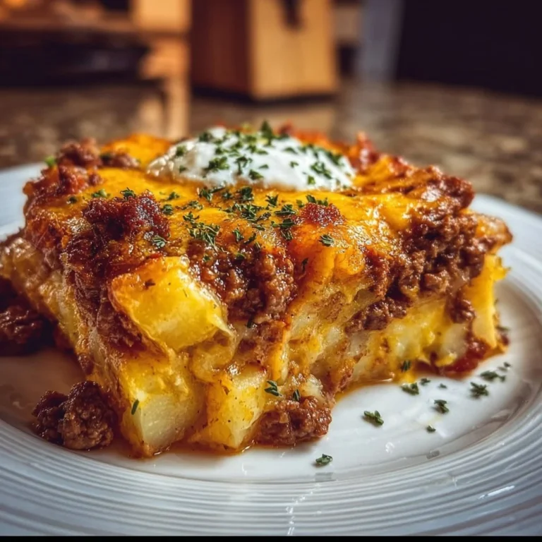 Ground beef and potatoes casserole baked to perfection in a creamy sauce.