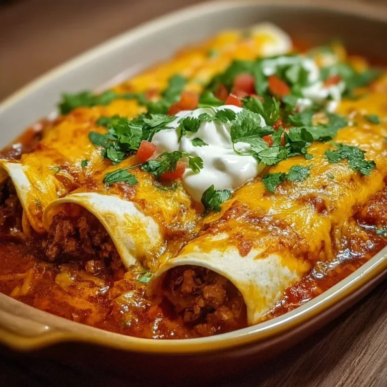 Delicious ground beef enchiladas topped with sauce and cheese in a baking dish.