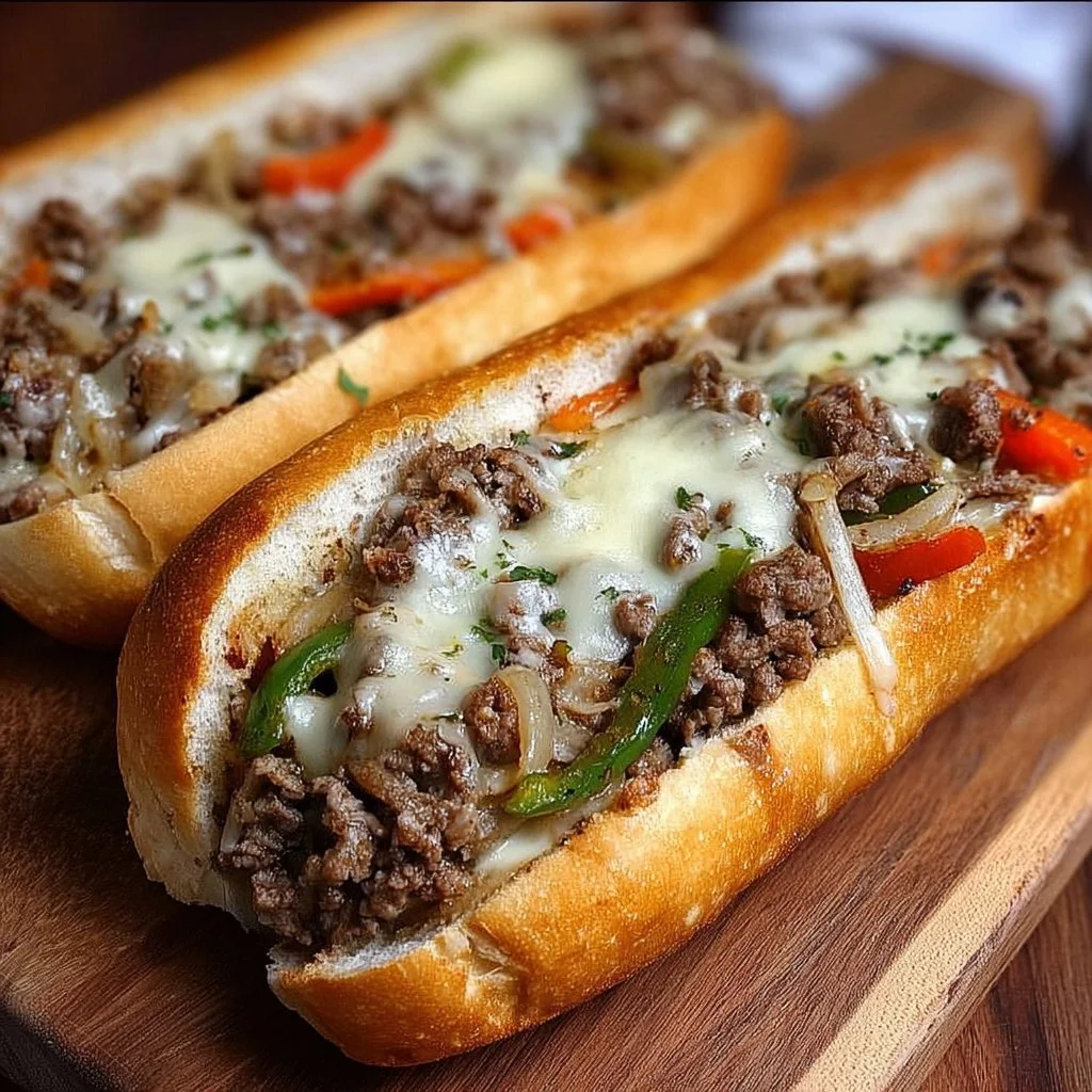 Delicious Ground Beef Philly Cheesesteaks served in a toasted hoagie roll