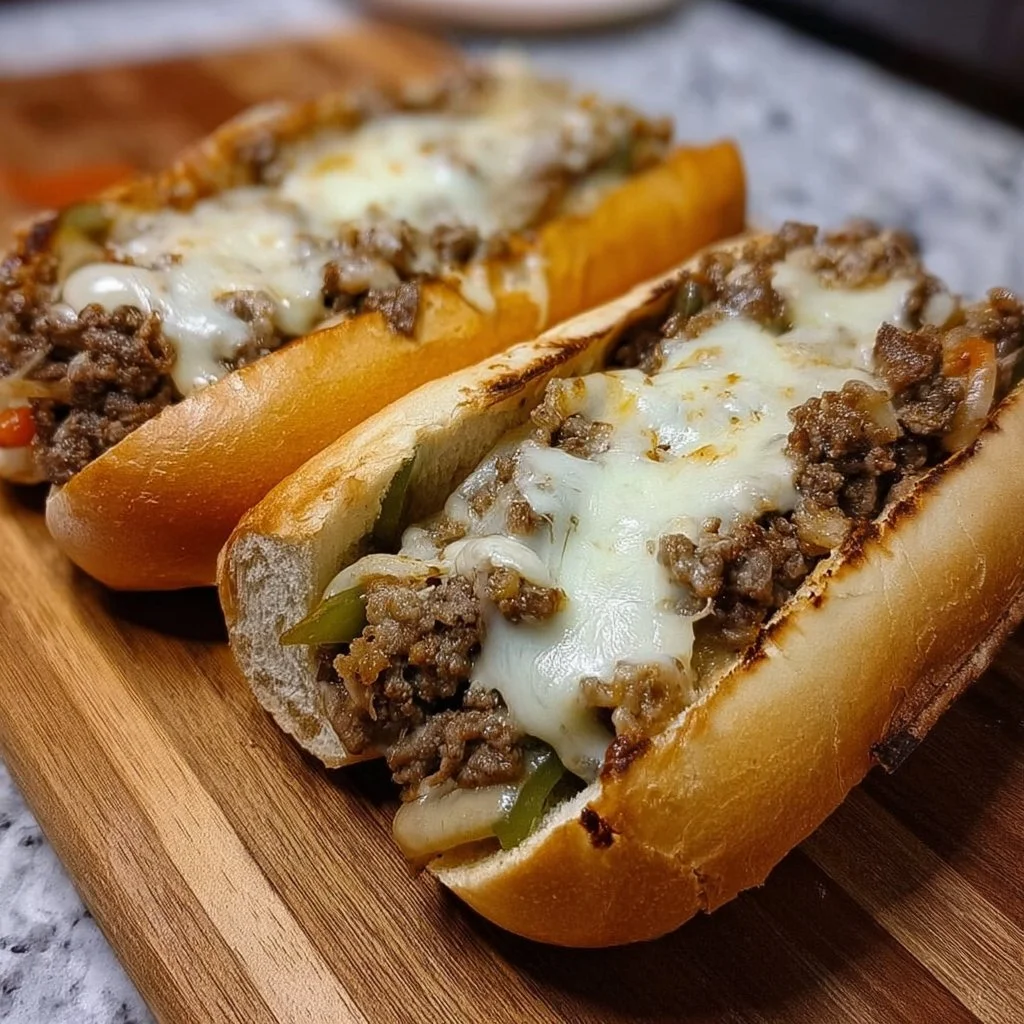 Ground Beef Philly Cheesesteak sandwich with melted cheese and peppers