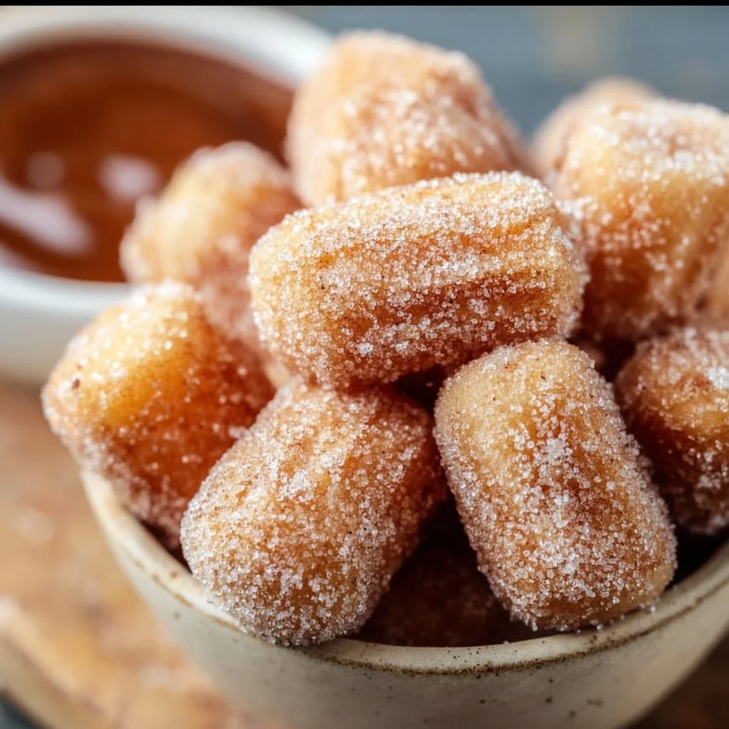 Plate of healthy air fryer churro bites sprinkled with cinnamon sugar