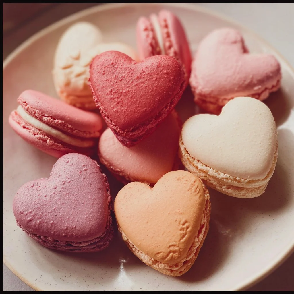Delicious heart-shaped macarons in various flavors for special occasions