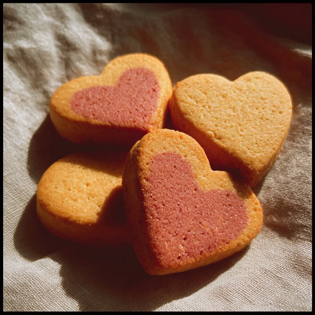 Heart-shaped slice and bake cookies on a decorative plate