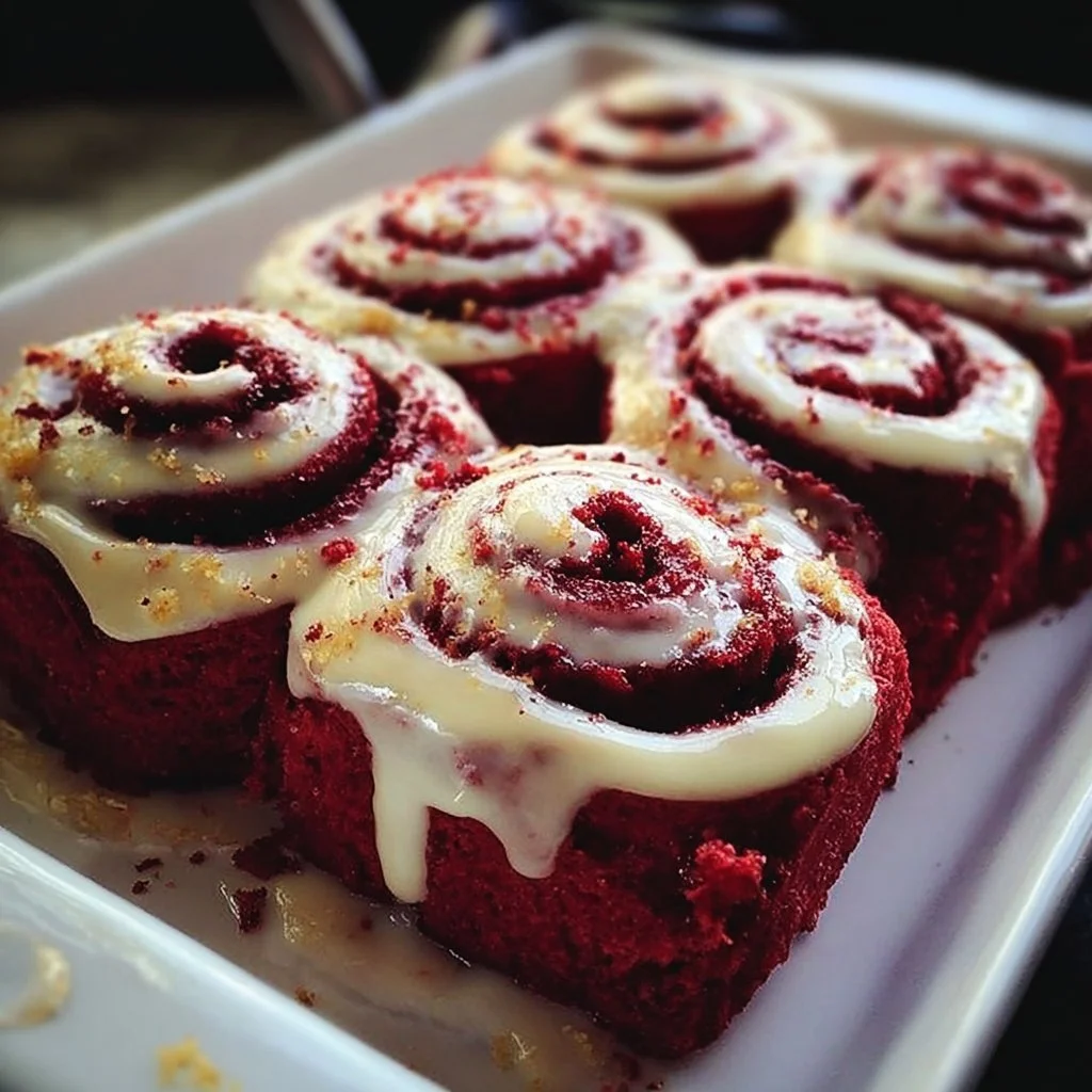 Freshly baked red velvet cinnamon rolls with cream cheese icing