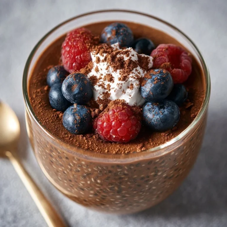 High protein chocolate chia seed pudding garnished with fruits and nuts