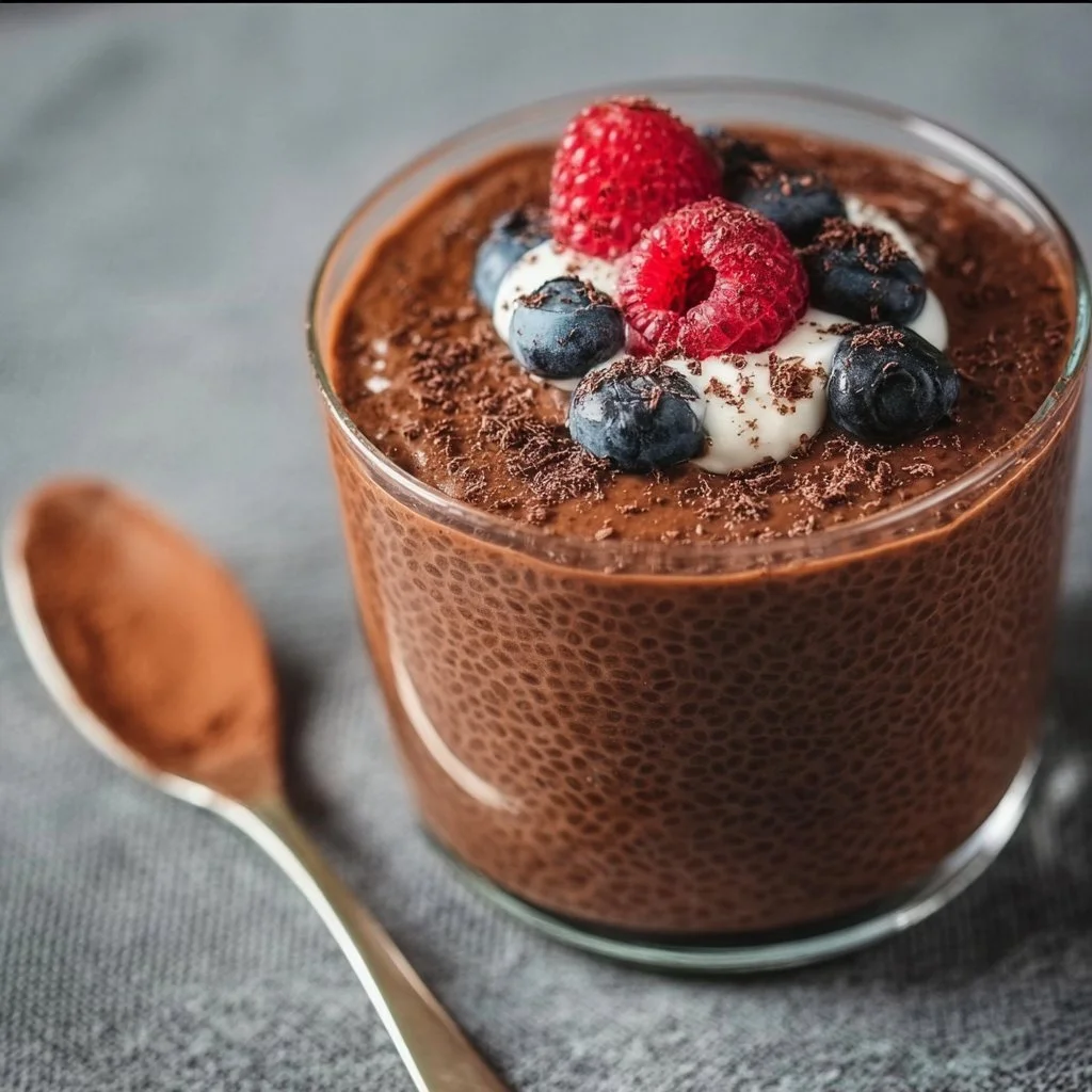 High protein chocolate chia seed pudding topped with fresh berries