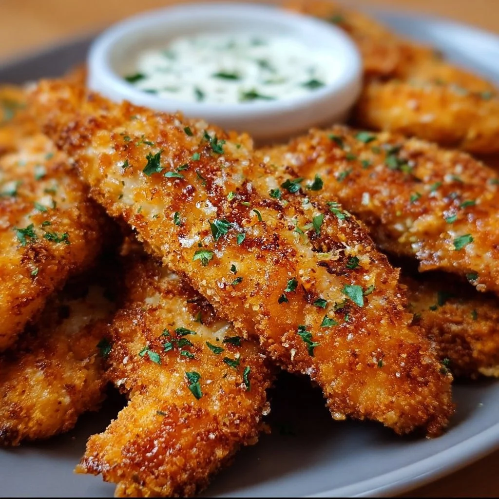 Delicious homemade baked chicken tenders served with dipping sauce