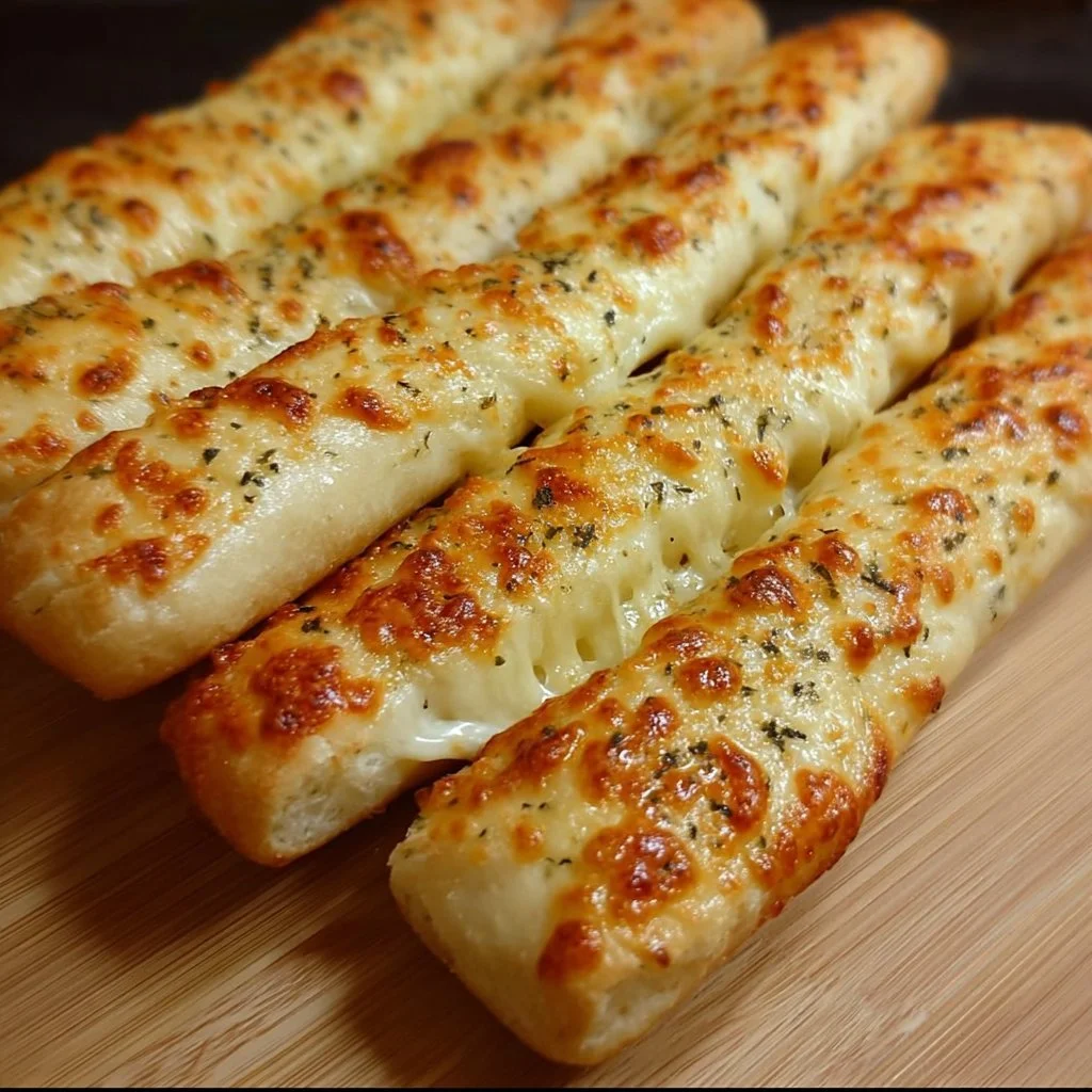 Homemade cheesy breadsticks fresh out of the oven, topped with melted cheese.