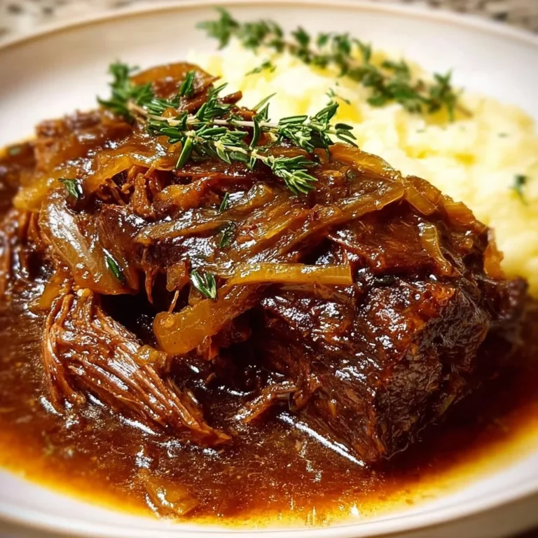 Juicy French onion pot roast served with aromatic onions and herbs.