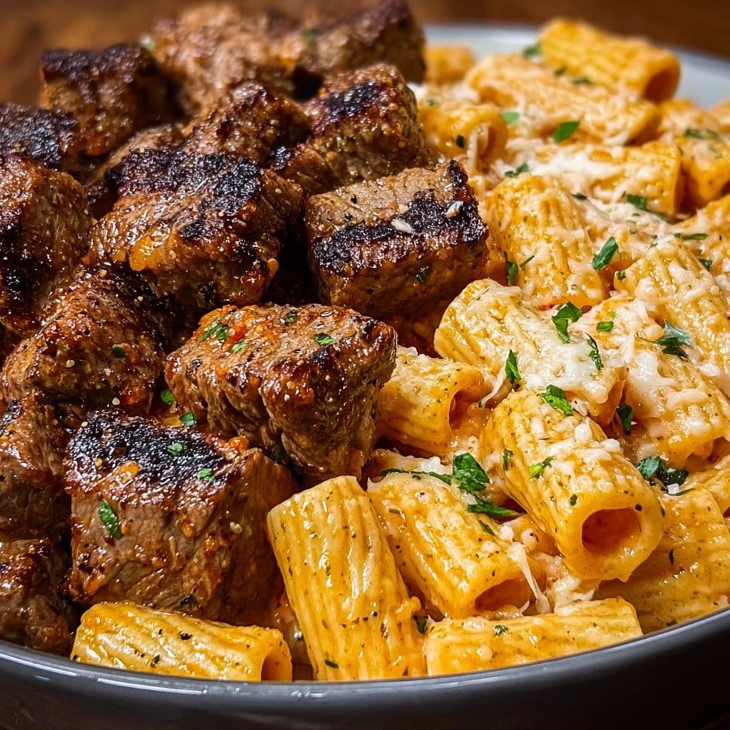 Cajun Steak Tips with Cheesy Rigatoni