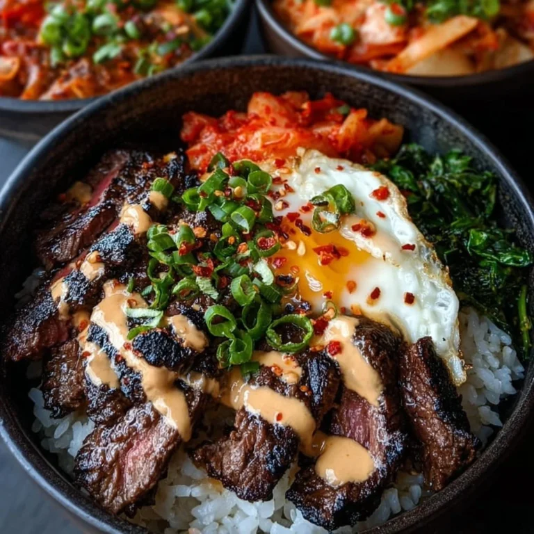 Delicious Korean BBQ steak rice bowls topped with fresh vegetables and sauce