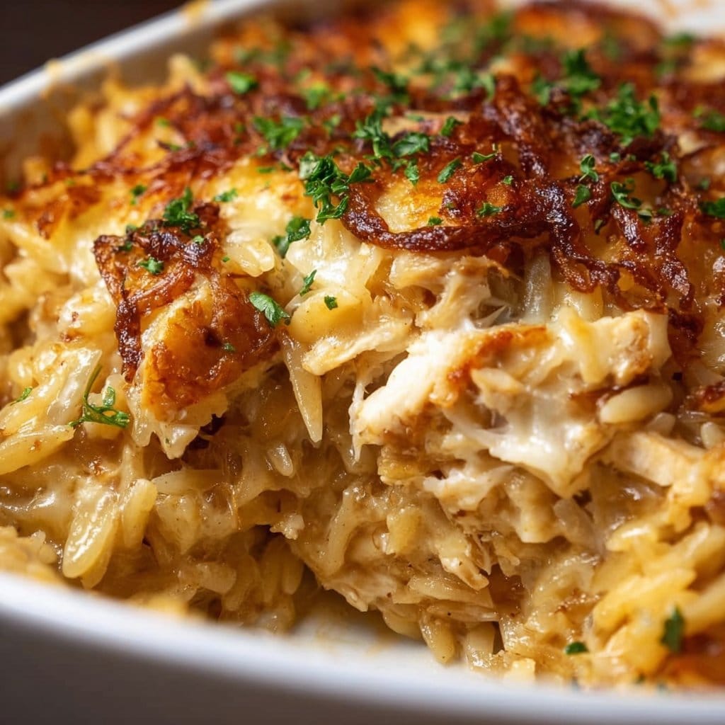 French Onion Chicken Orzo Casserole