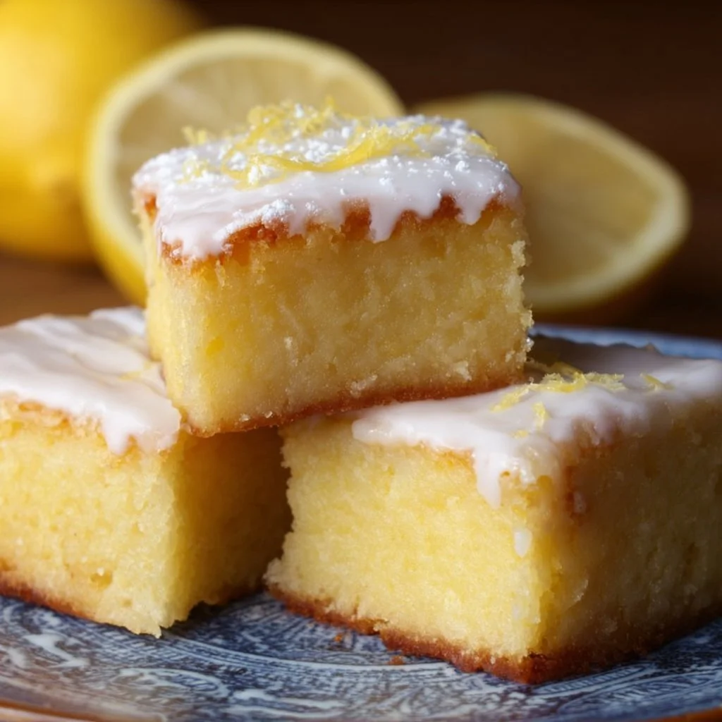 Freshly baked lemon brownies with a drizzle of lemon glaze
