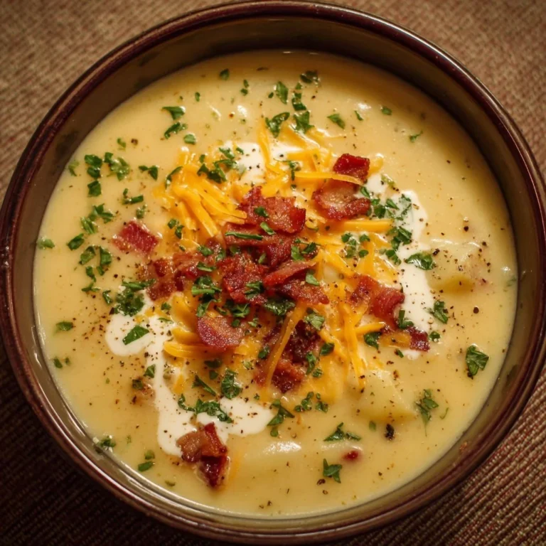 Bowl of creamy loaded potato soup topped with cheese and bacon
