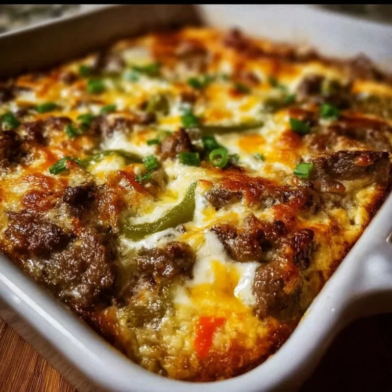 Low carb Philly cheesesteak casserole topped with melted cheese and peppers.
