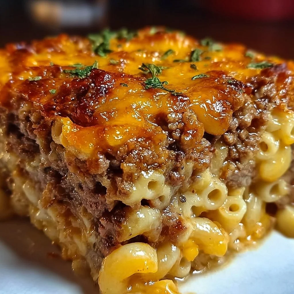 Delicious Mac and Cheese Meatloaf Casserole served in a baking dish