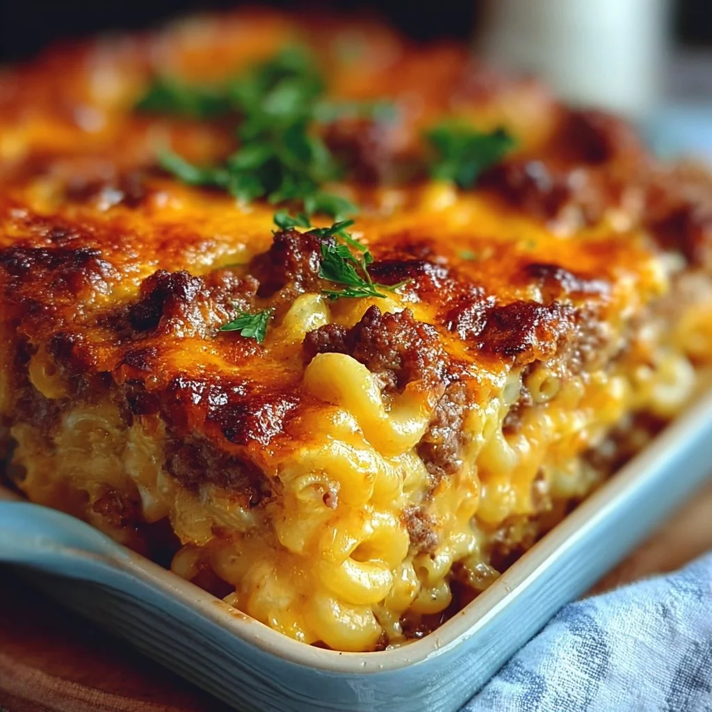 Delicious Mac and Cheese Meatloaf Casserole fresh out of the oven