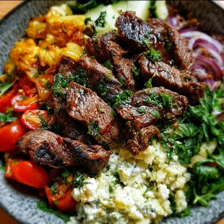 Mediterranean steak bowl with grilled steak, vegetables, and toppings