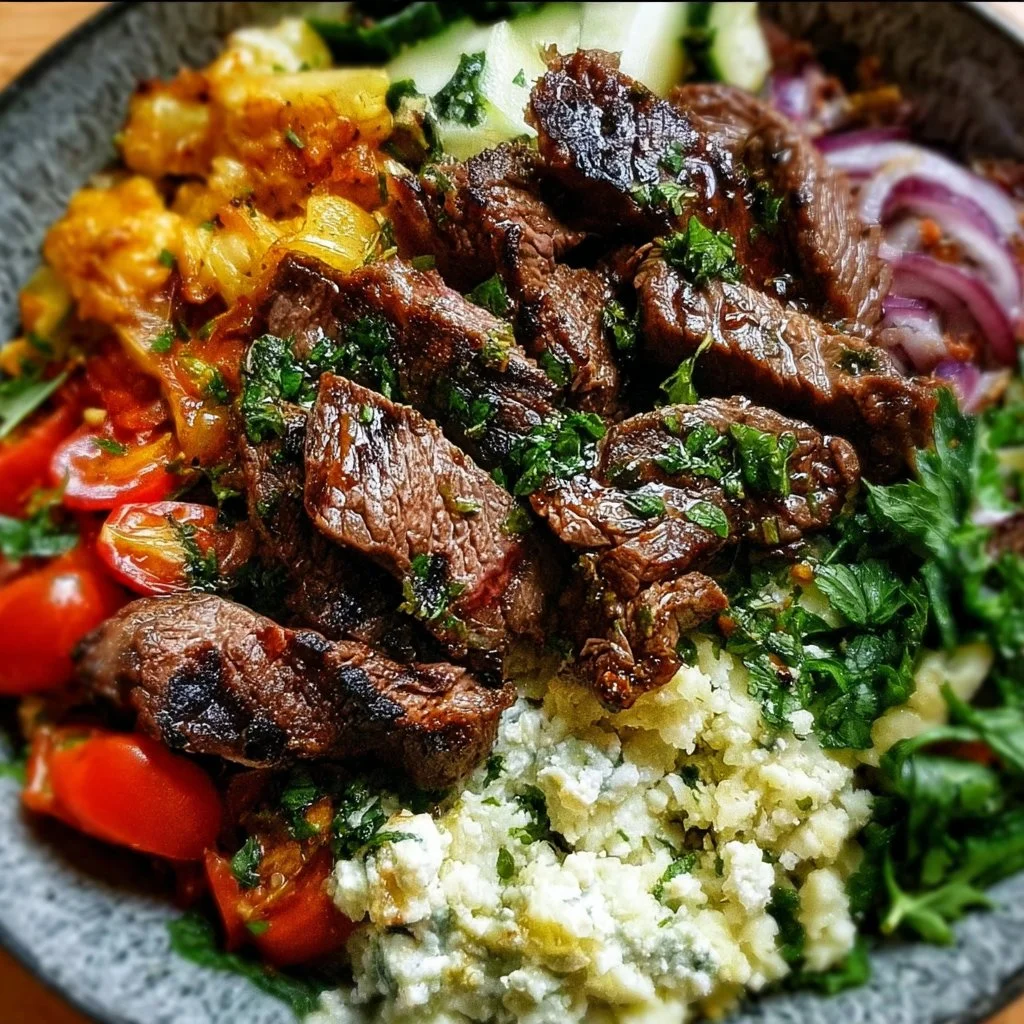 Mediterranean steak bowl with grilled steak, vegetables, and toppings