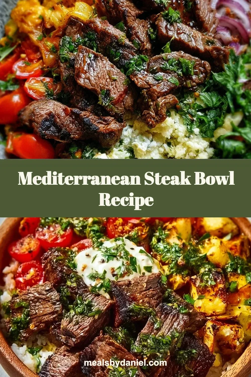 Mediterranean steak bowl with fresh vegetables and spices