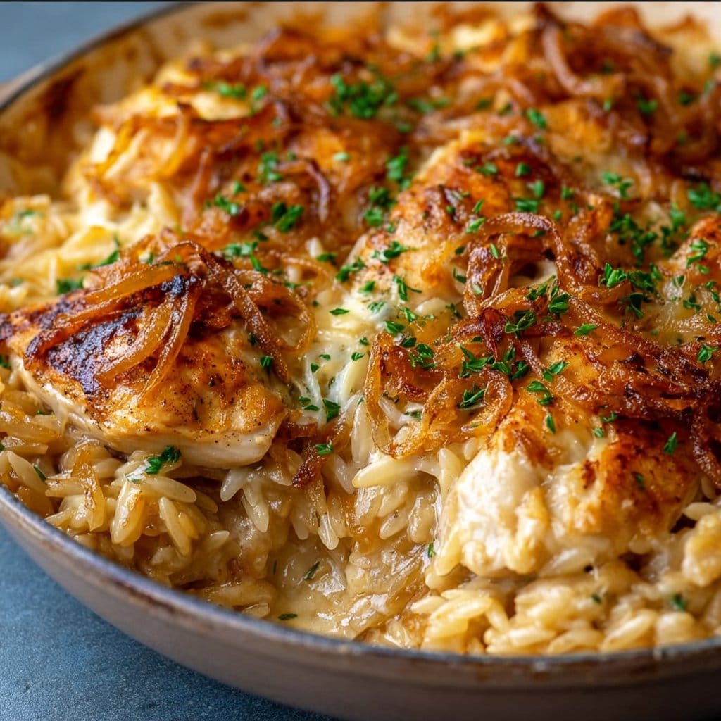 French Onion Chicken Orzo Casserole