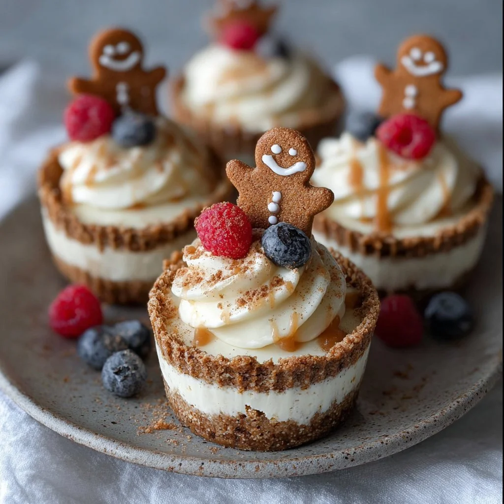 No-bake gingerbread cheesecake cups with festive toppings in clear dessert glasses