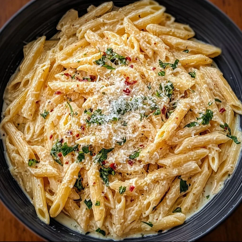 Delicious one pot creamy garlic pasta garnished with parsley and served in a bowl.