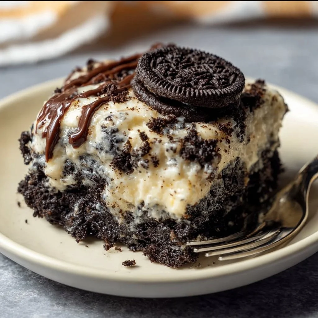 Delicious Oreo Dump Cake with crushed Oreos and creamy layers
