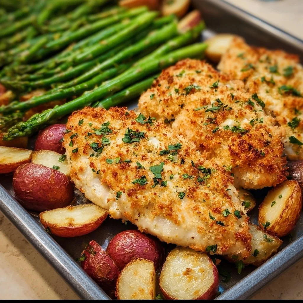Parmesan Crusted Chicken with vegetables on a sheet pan