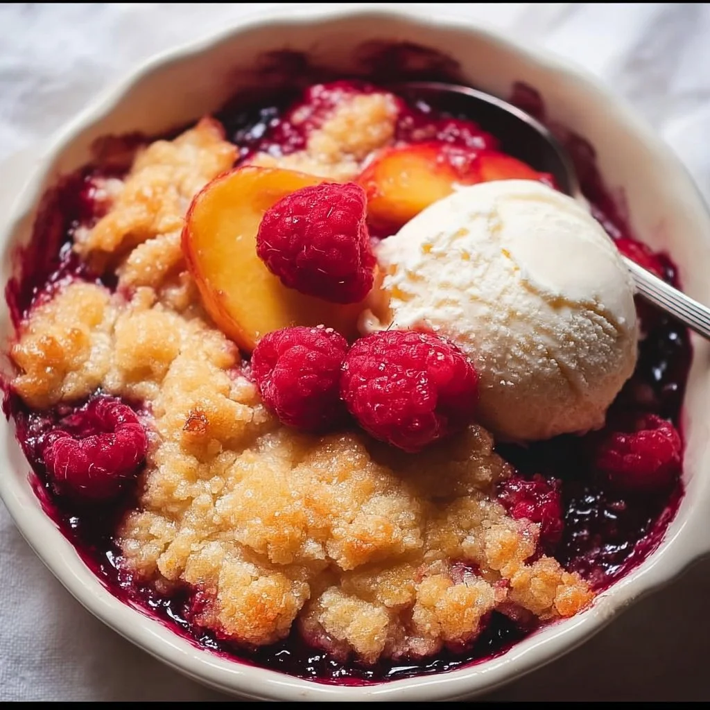 Delicious Peach Cobbler with Raspberries served in a rustic dish.