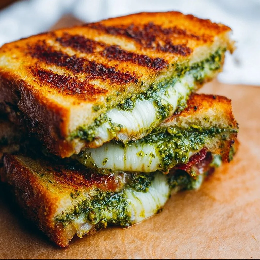 Delicious Pesto Grilled Cheese sandwich with melted cheese and vibrant green pesto