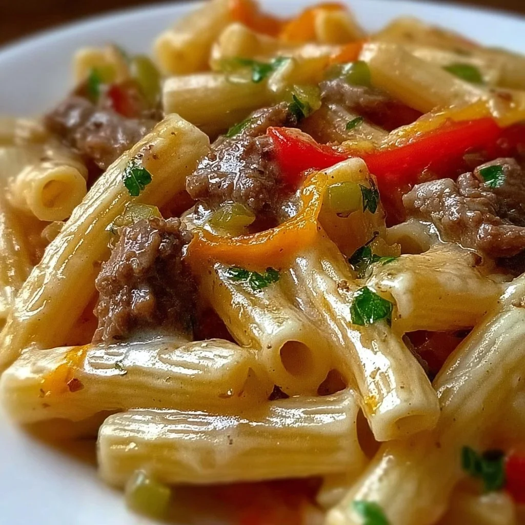Creamy Philadelphia Cheese Steak Pasta with peppers and onions