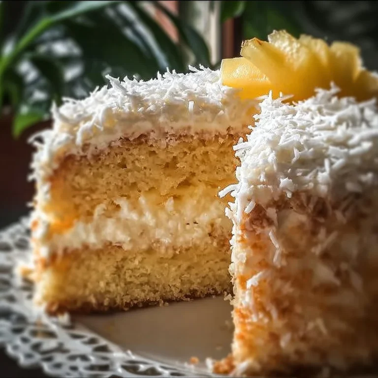 Pineapple Coconut Dream Cake with creamy frosting and tropical decorations