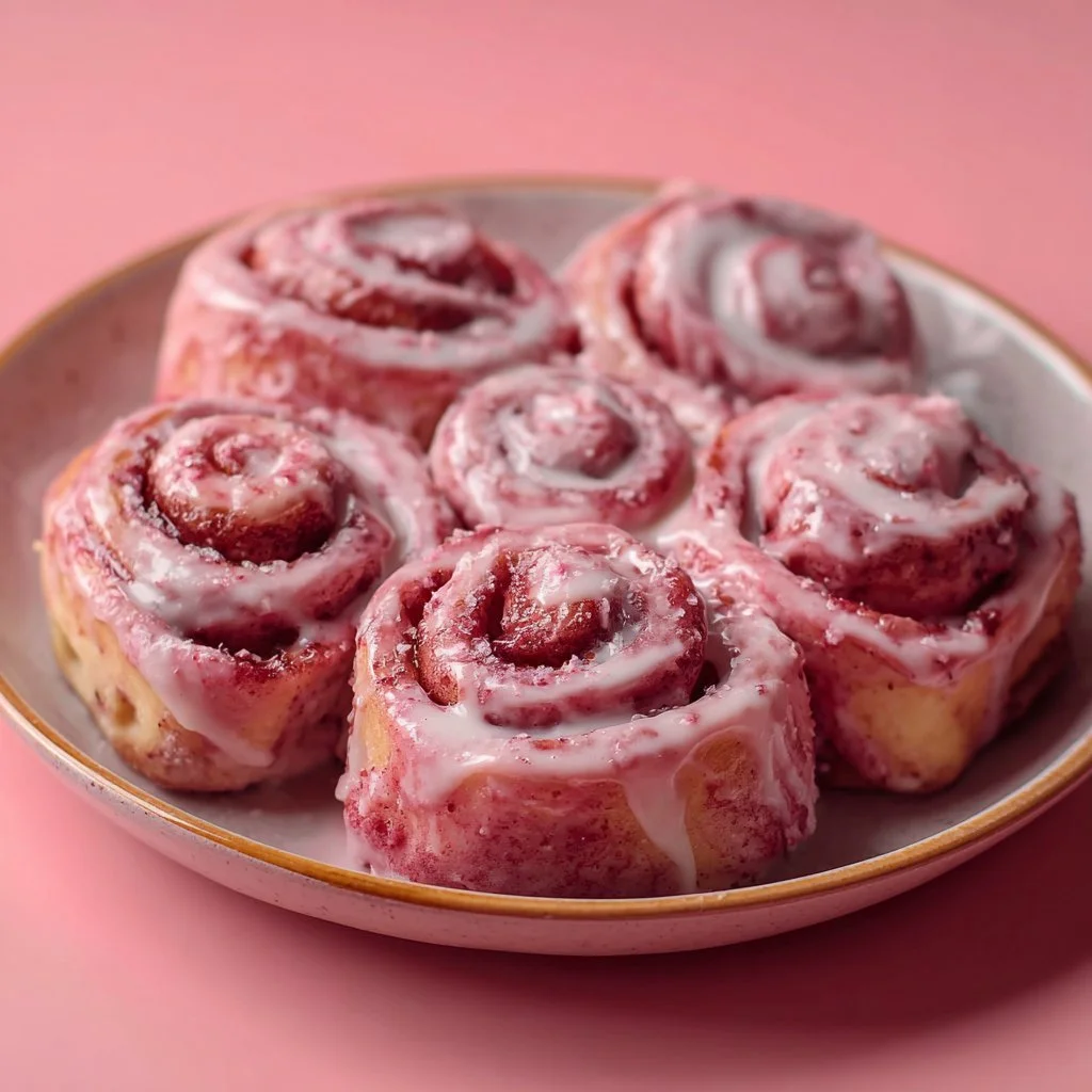Delicious pink velvet cinnamon rolls topped with cream cheese frosting.