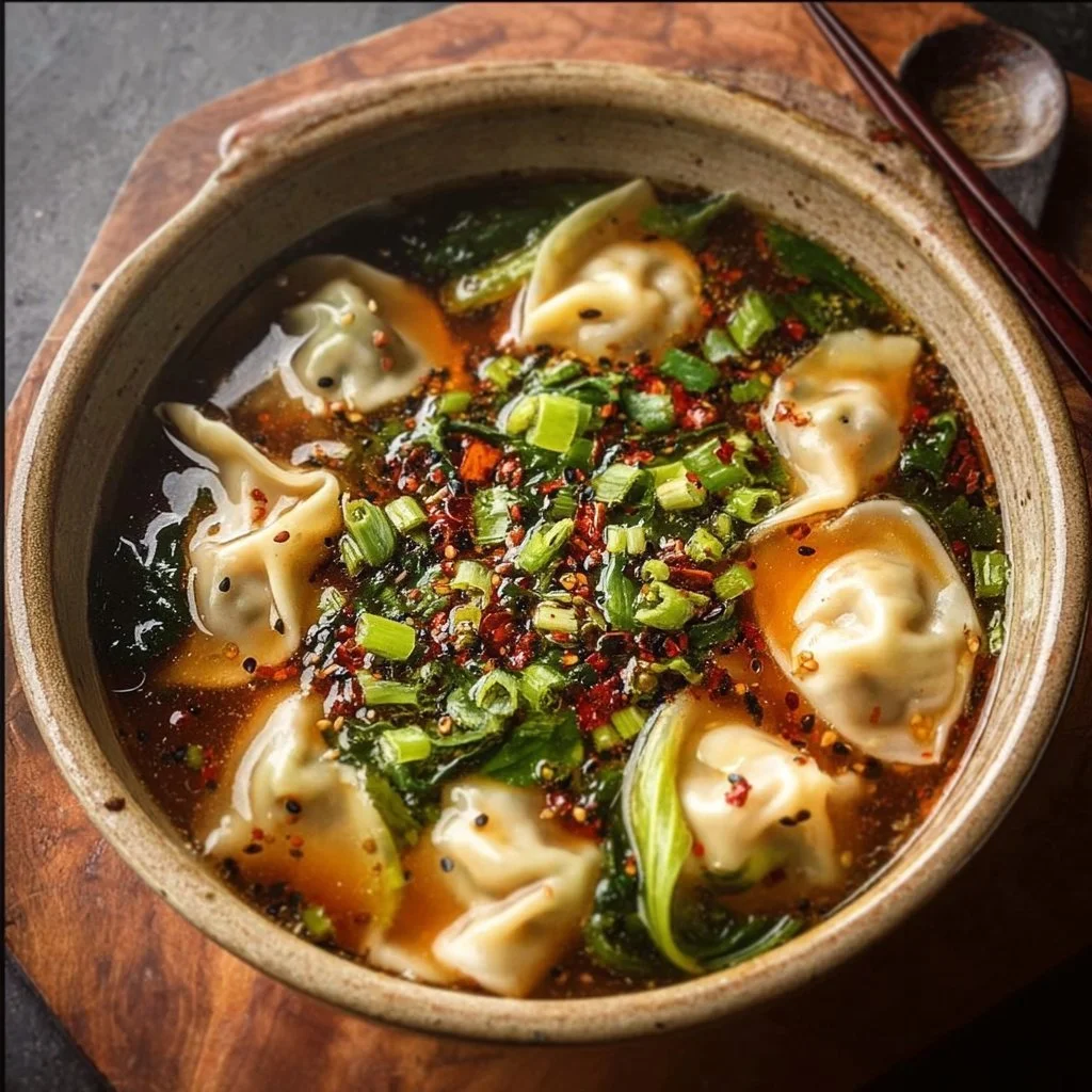 Delicious homemade Potsticker Soup served in a bowl