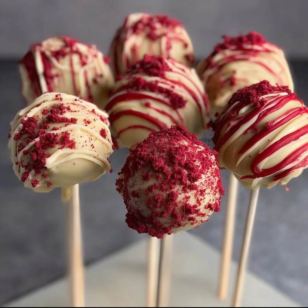 Delicious Red Velvet Cake Pops decorated with cream cheese frosting and sprinkles.